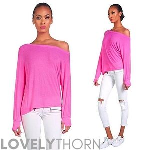 MICHAEL LAUREN // super soft neon pink off the shoulder ls thumbhole top